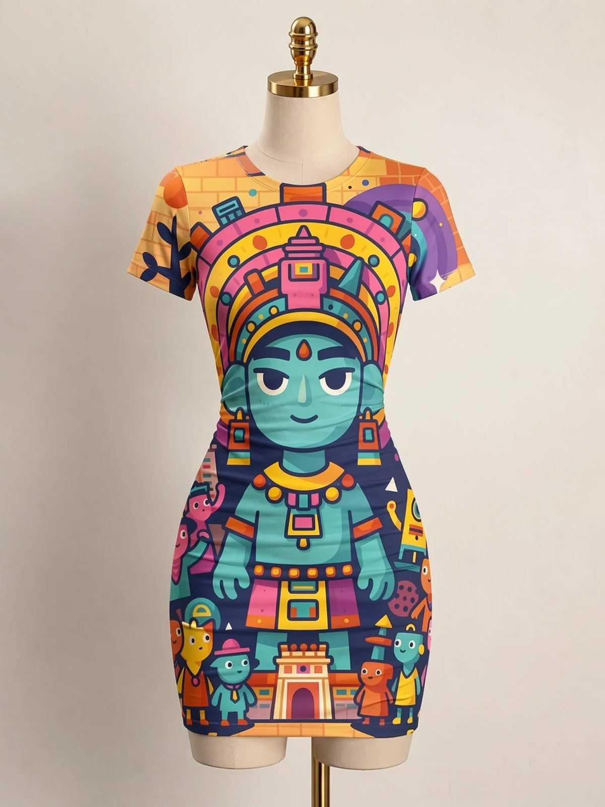 Close-up of a fitted women's mini dress with short sleeves and a high neckline, featuring vibrant fabric details.