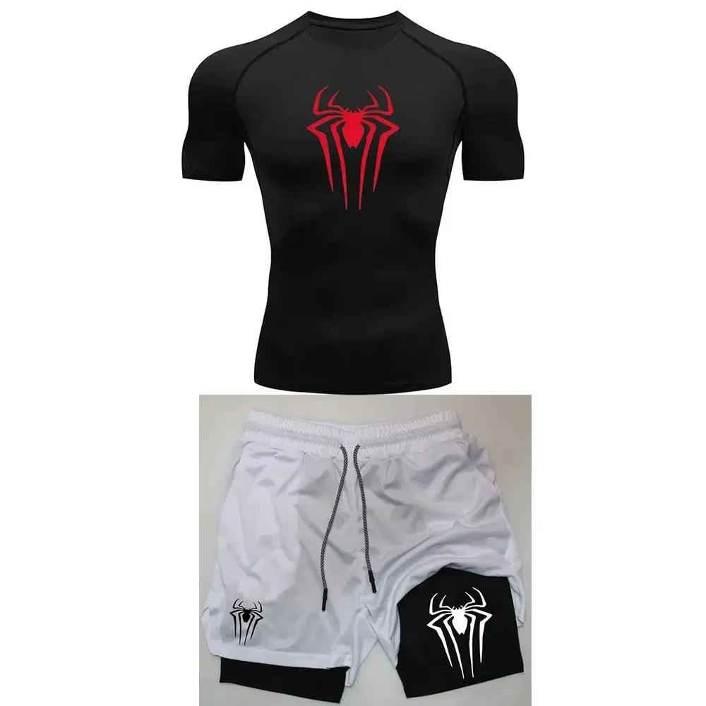 Conjunto de compresión de entrenamiento para hombre, camisetas de gimnasio con estampado de araña Y2K, pantalones cortos transpirables para correr, conjunto de ropa deportiva de secado rápido con protección contra sarpull
