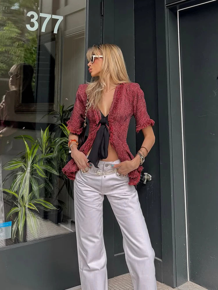 Blusa Vintage Flecos Cuello V Verano 2026 Chic Dama