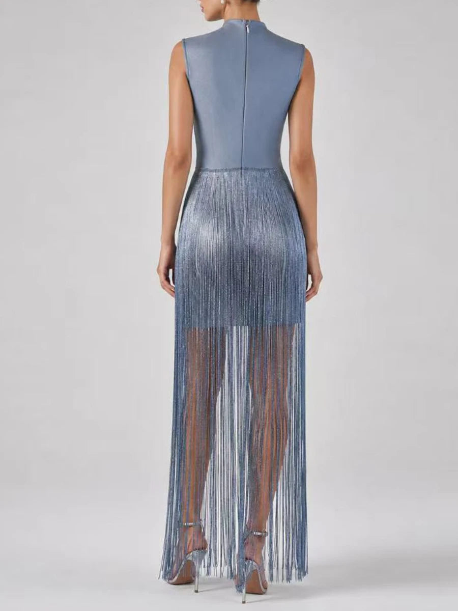 VGH Vestido Noche Azul Cuello Alto Flecos Midi Fiesta Elegante