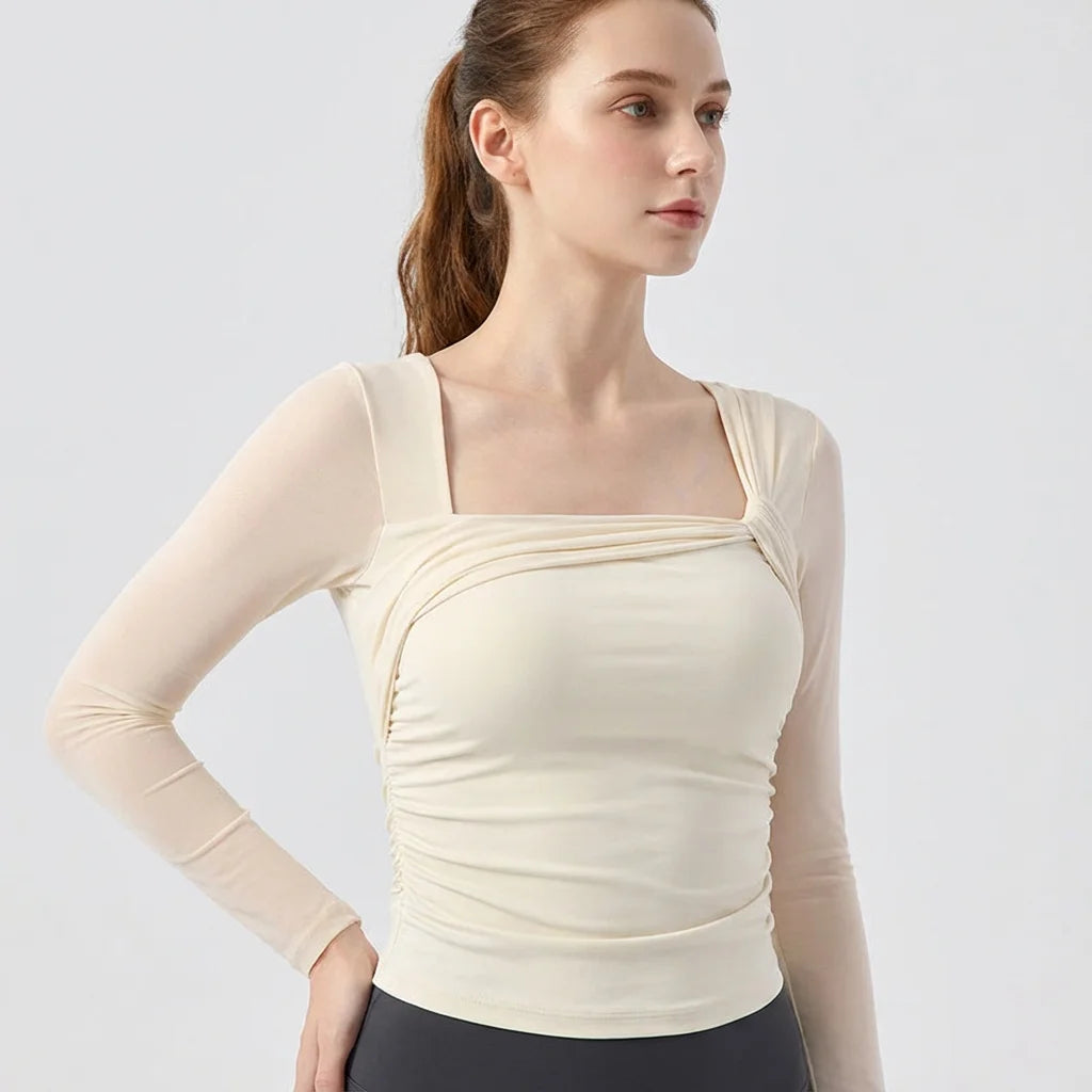 Camiseta Yoga Malla Mujer Manga Larga Acolchada - Top Corto Fitness