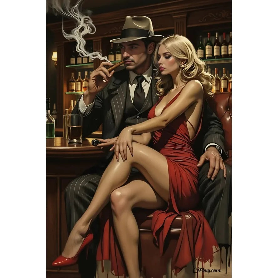 Metallic poster of a beautiful blonde woman in fashionable attire, showcasing a stylish and artistic figure.