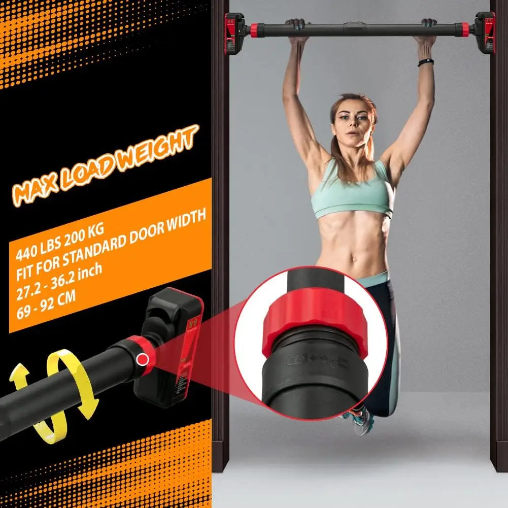 Barra de dominadas ajustable para puerta sin tornillos, barra de dominadas con nivelador, carga máxima de 440 libras, ancho de 27.6 a 42 pulgadas, barra de entrenamiento de fuerza para gimnasio en casa y oficina