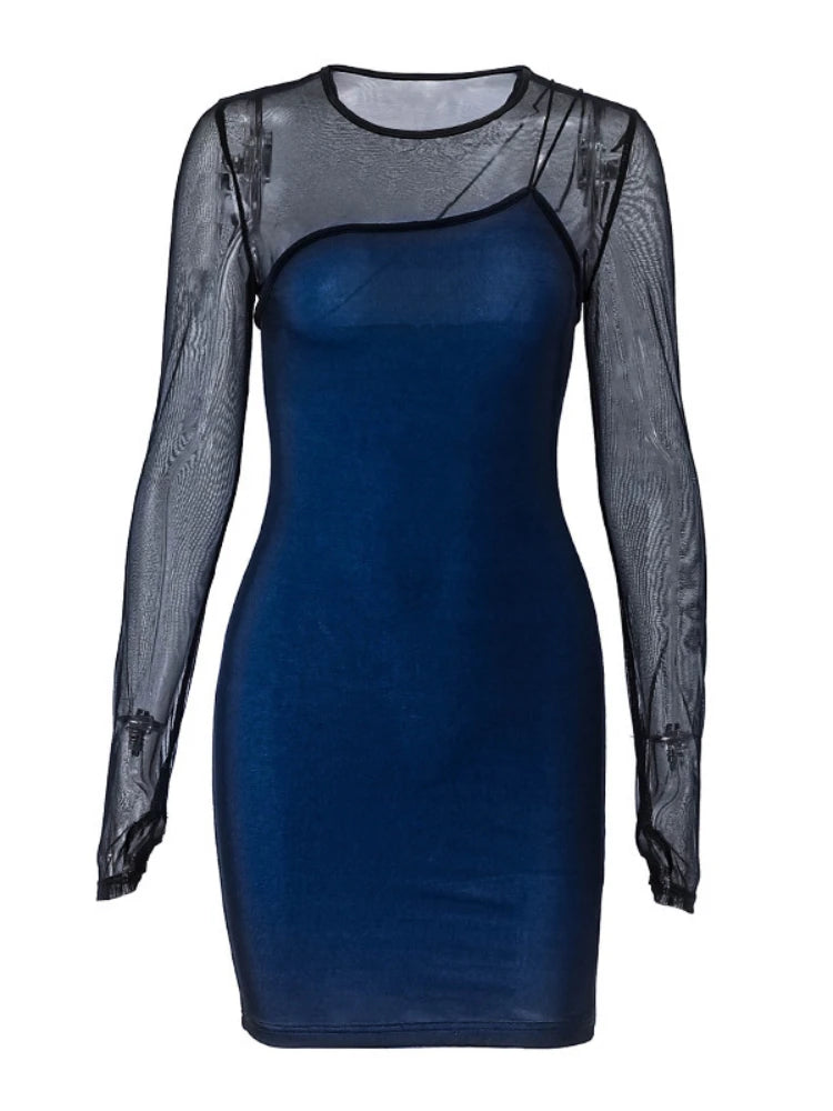 Transparent lace mini dress with long sleeves from Corporación Turística, featuring delicate floral lace and a fitted silhouette.