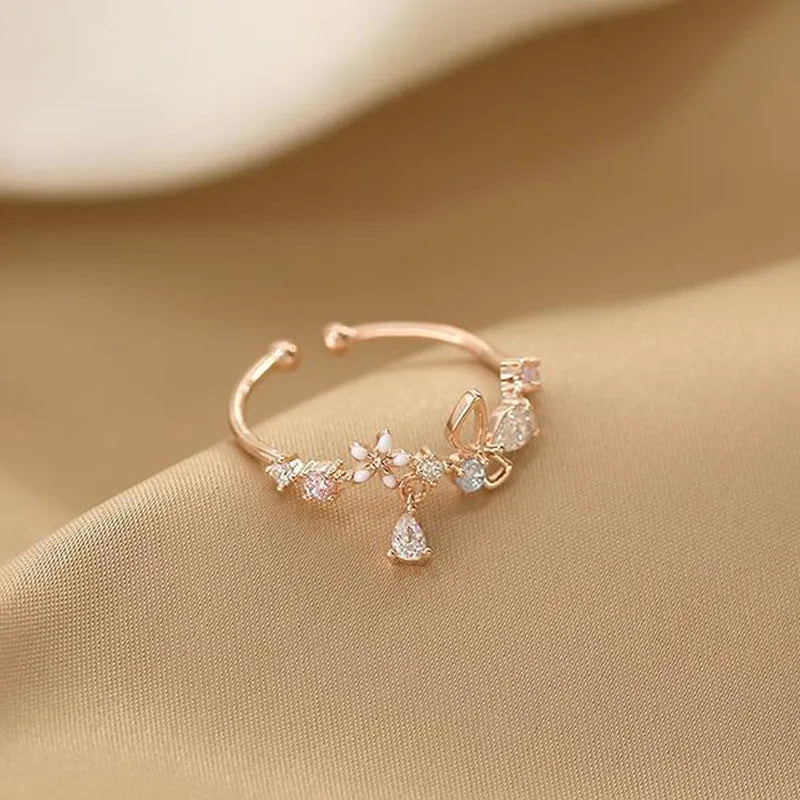 ANENJERY Anillo ajustable con lazo de flores de circón para mujer, accesorios de princesa simples y hermosos, regalo