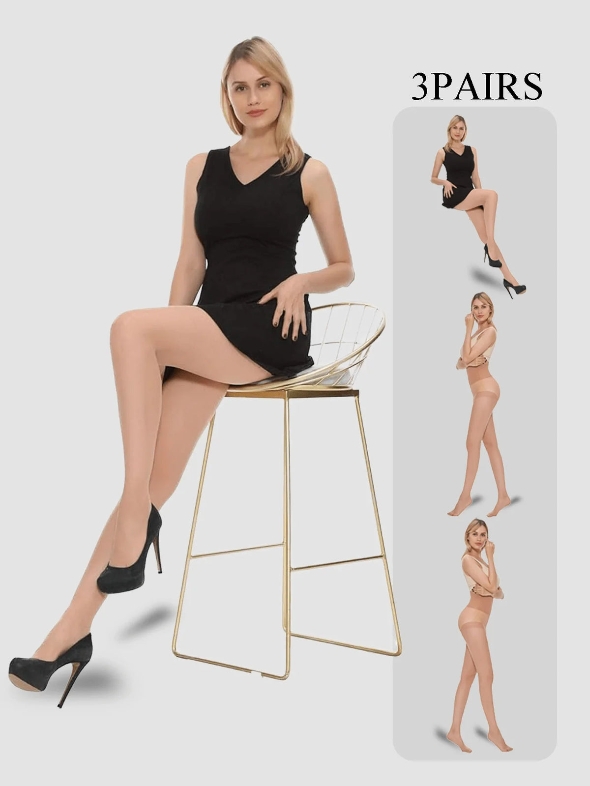 Three pairs of women's nylon pantyhose from Corporación Turística, showcasing sheer, ultra-soft tights in various shades.