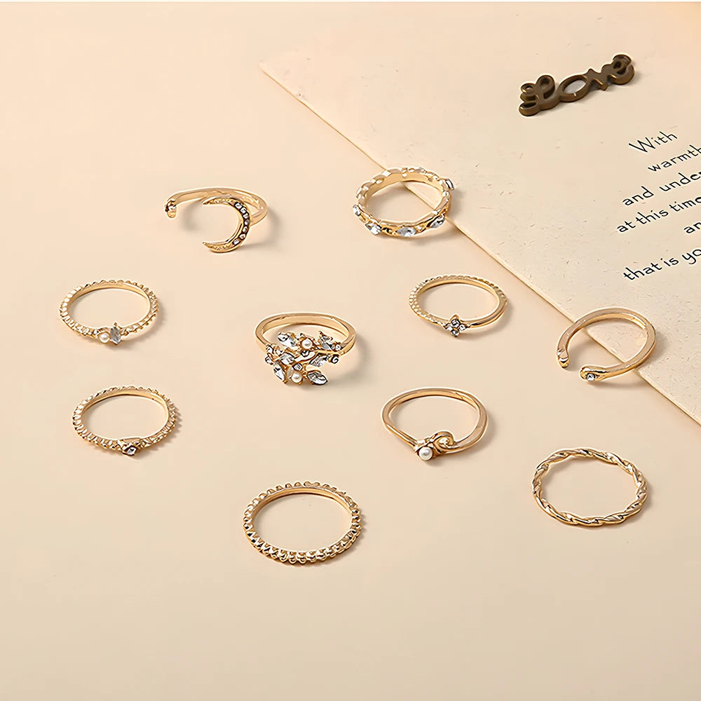 Conjunto 10 Anillos Mujer Boho Oro Cadena Luna Estrella