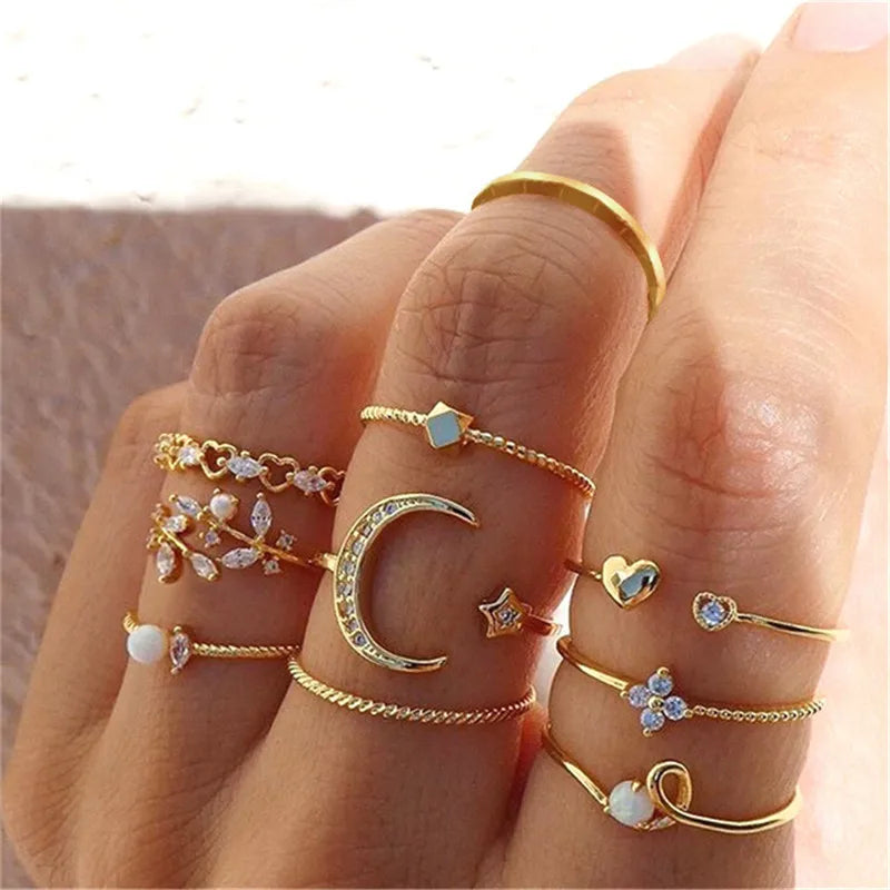 Conjunto Anillos Bohemios Circon: Modyle Oro 18K - Regalo Boda Mujer