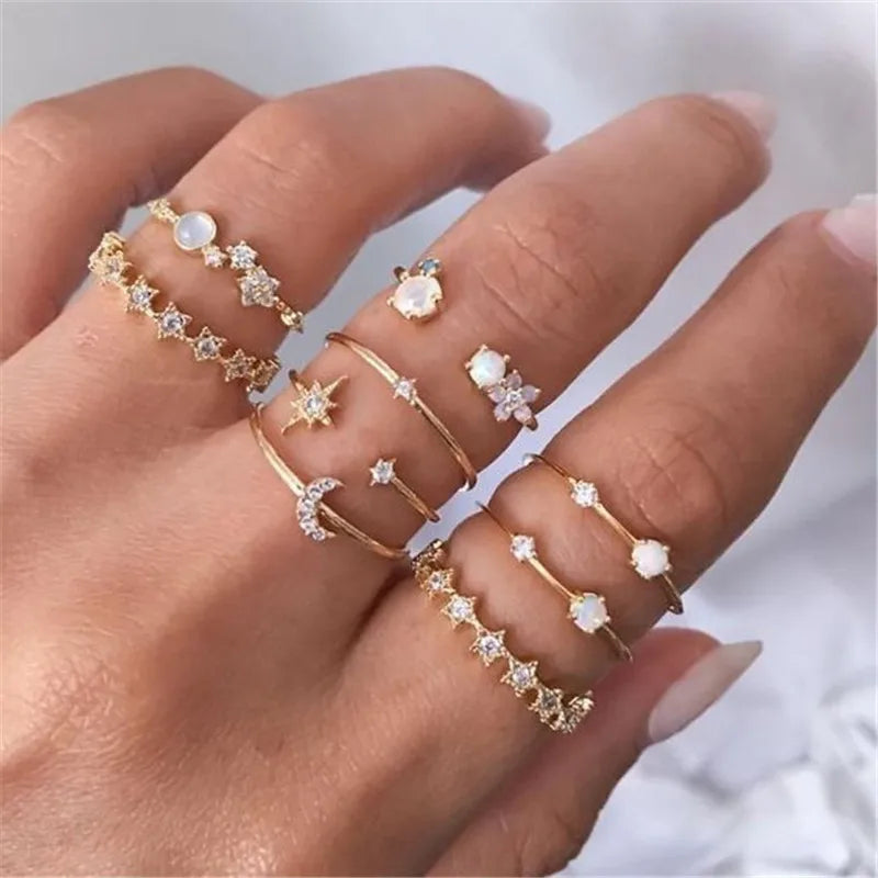 Conjunto Anillos Bohemios Circon: Modyle Oro 18K - Regalo Boda Mujer