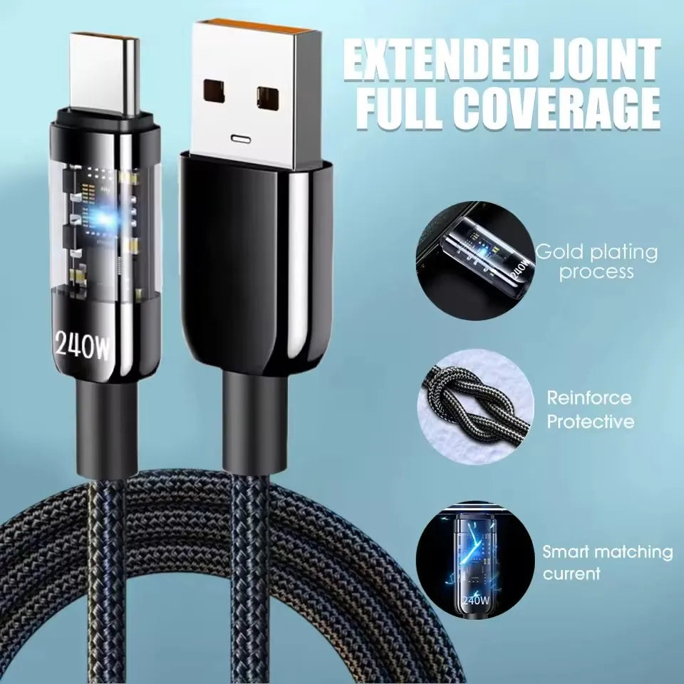 Cable USB C 240W Nylon LED Digital: Carga Súper Rápida Universal