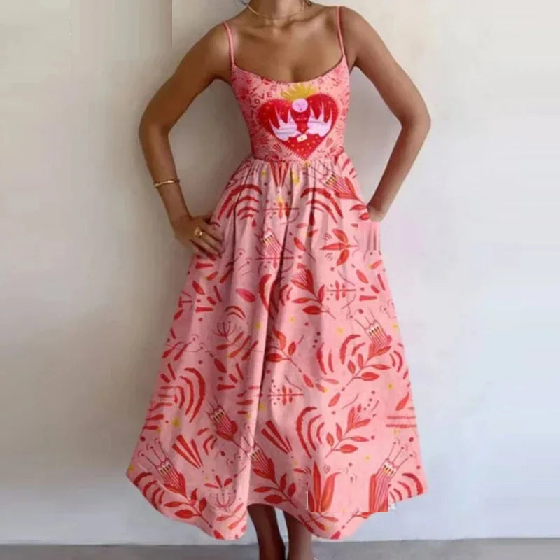 Vestido Midi Rosa Vacaciones Mujer 2026 Elegante Tirantes Finos Línea A