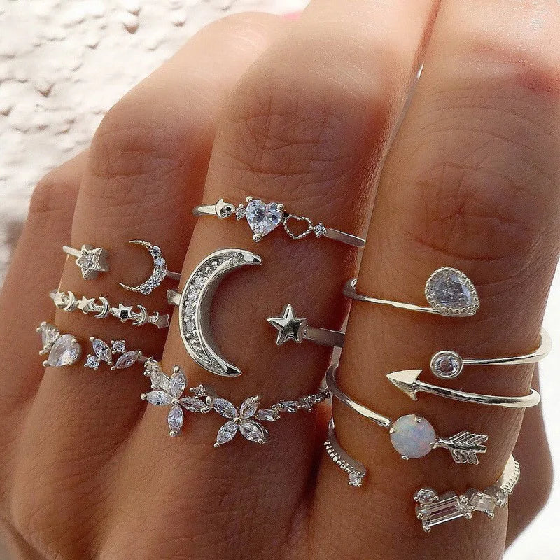 Conjunto Anillos Bohemios Circon: Modyle Oro 18K - Regalo Boda Mujer