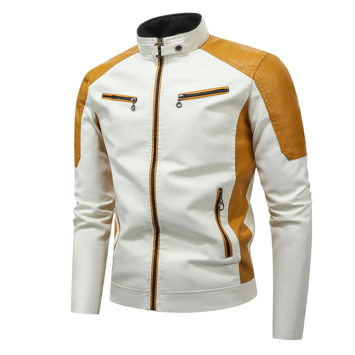 Black leather motorcycle jacket for women by Corporación Turística, stylish and fitted with zipper details and shoulder padding.