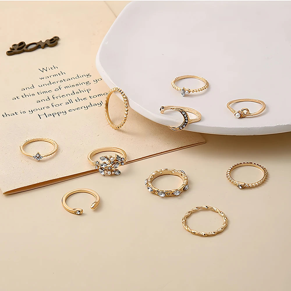Conjunto 10 Anillos Mujer Boho Oro Cadena Luna Estrella