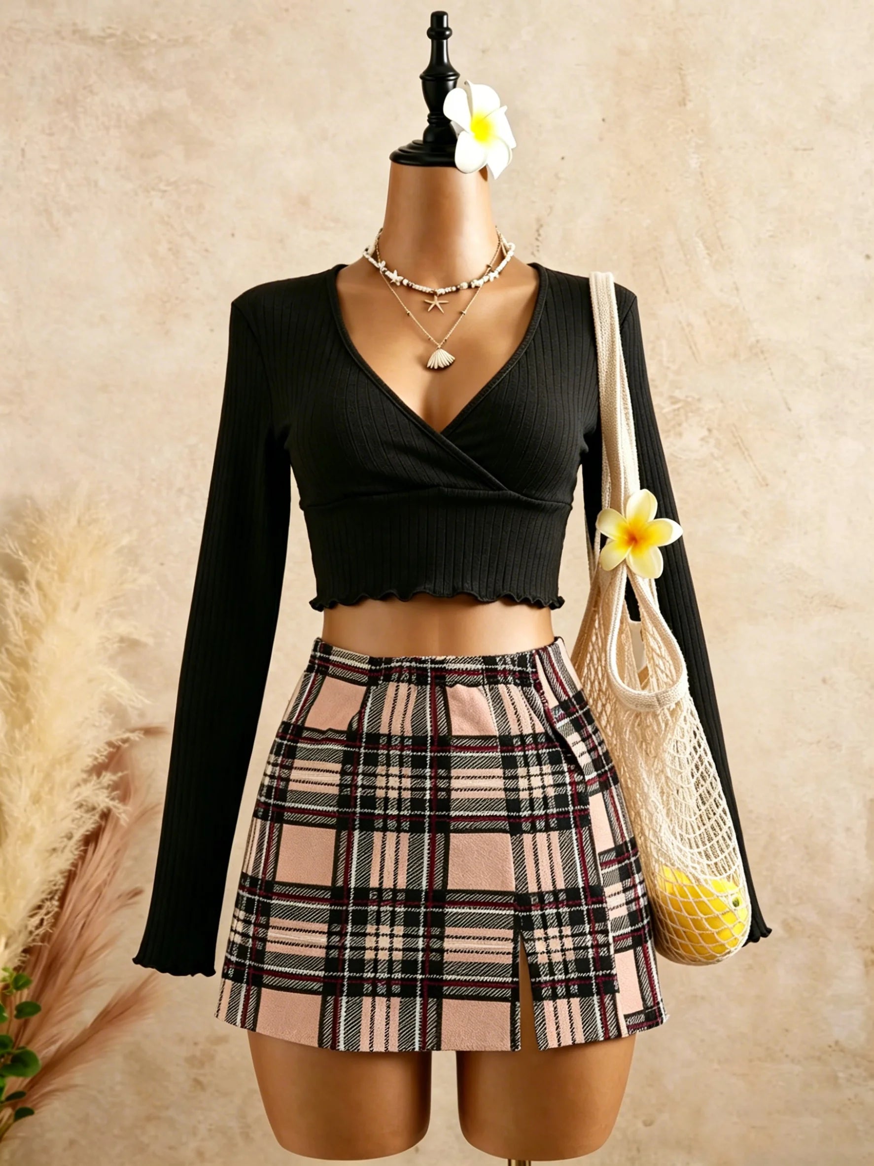 Conjunto 2 Piezas Mujer: Top Negro Cruzado y Minifalda Rosa Cuadros