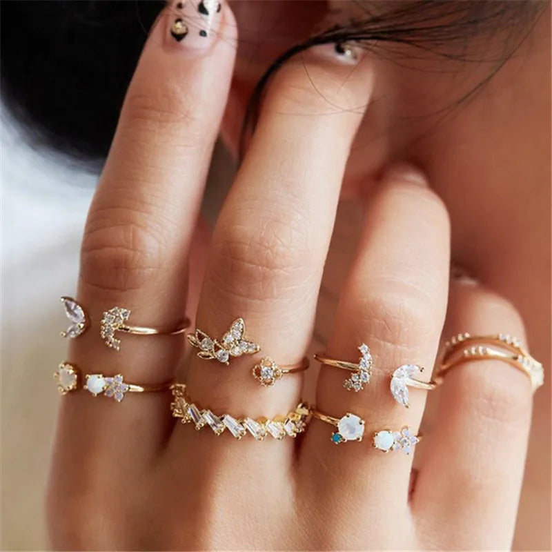 Conjunto Anillos Bohemios Circon: Modyle Oro 18K - Regalo Boda Mujer