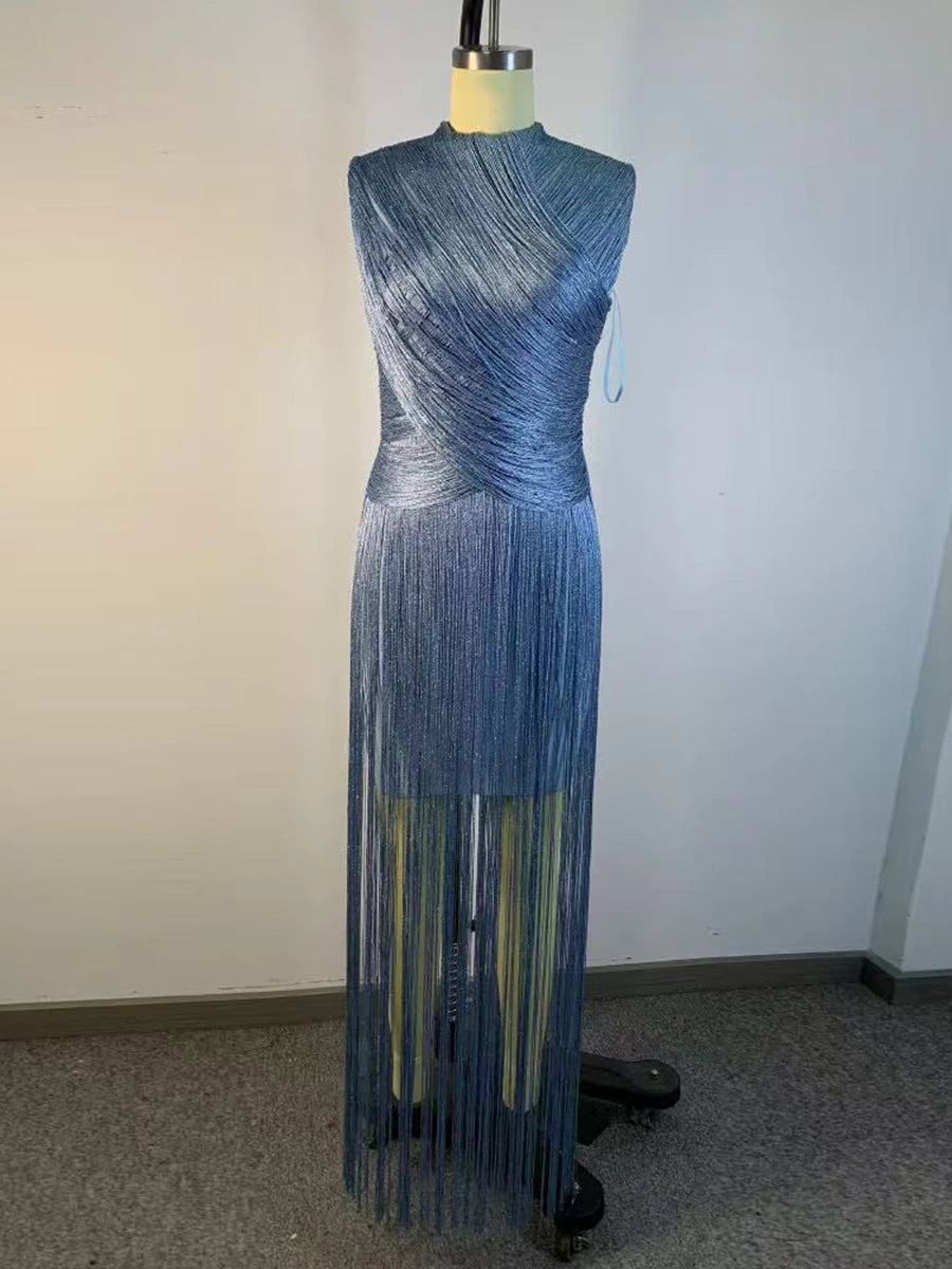 VGH Vestido Noche Azul Cuello Alto Flecos Midi Fiesta Elegante