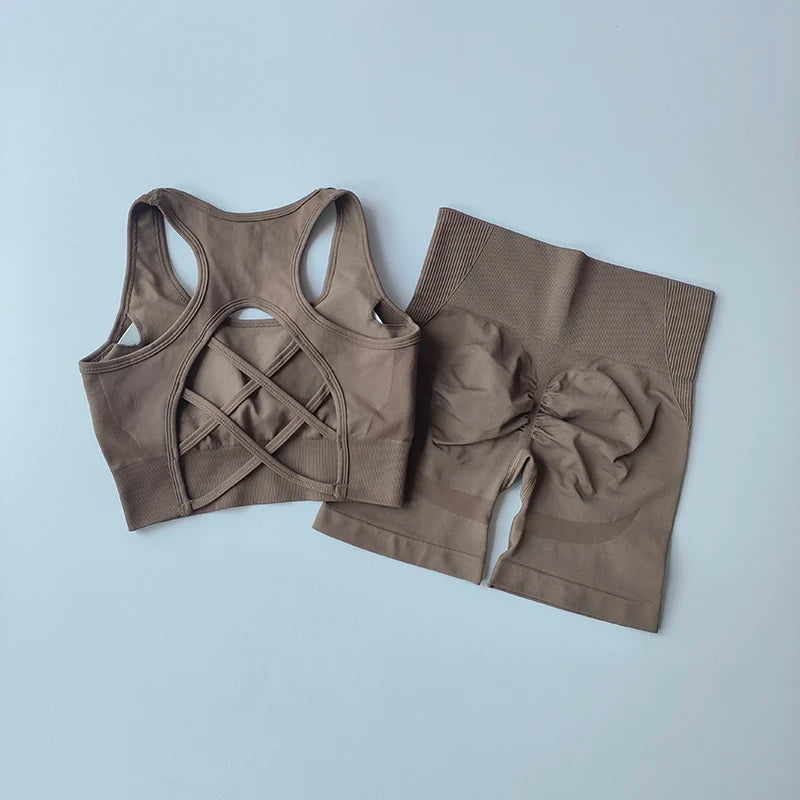 Conjunto de Yoga sin costuras para mujer, Sujetador deportivo Sexy, pantalones cortos deportivos de cintura alta, traje de entrenamiento sin mangas para gimnasio y Fitness, 2 uds.