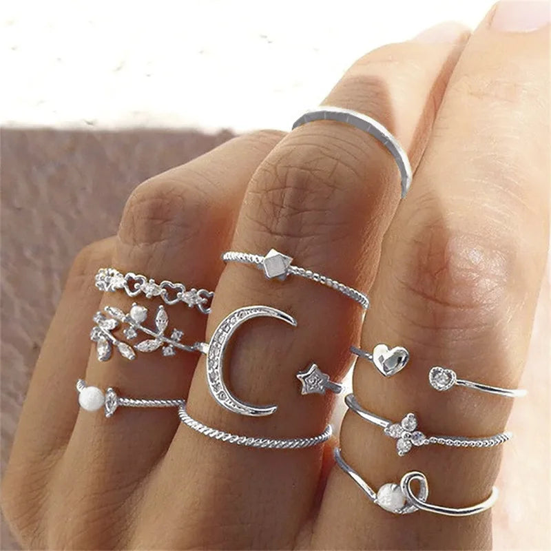 Conjunto Anillos Bohemios Circon: Modyle Oro 18K - Regalo Boda Mujer