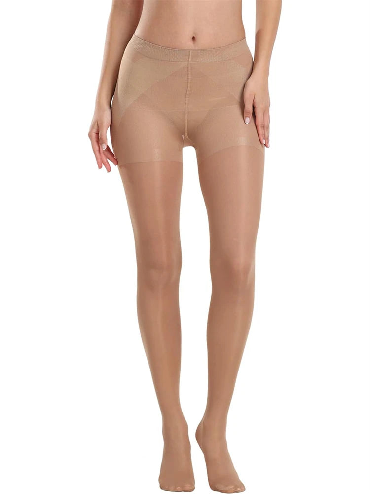 Transparent 40D women's tights from Corporación Turística, showing a close-up of black sheer hosiery on a leg.
