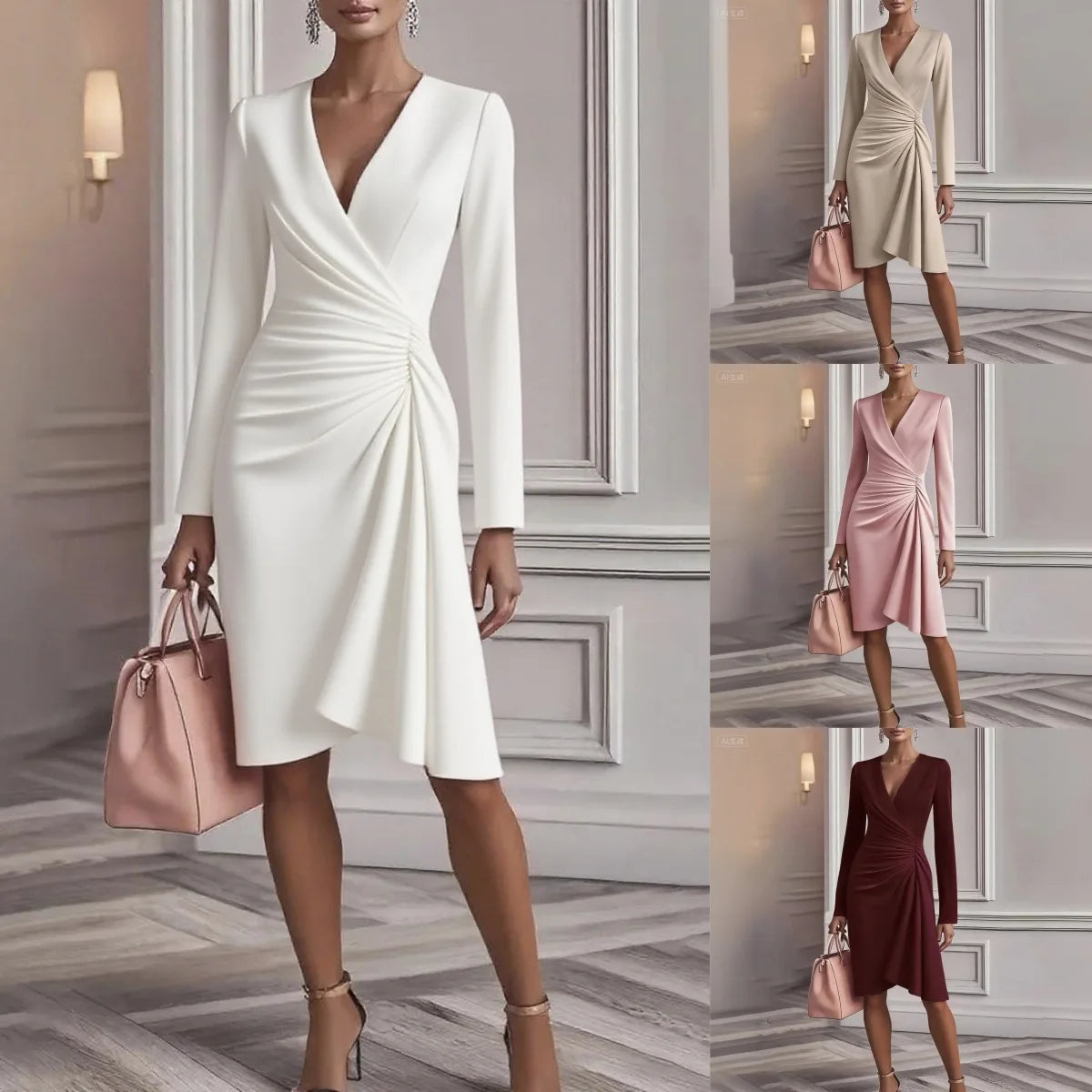 Vestido Midi Elegante Mujer Cuello V Negro 2025 Ajustado Cruzado Oficina