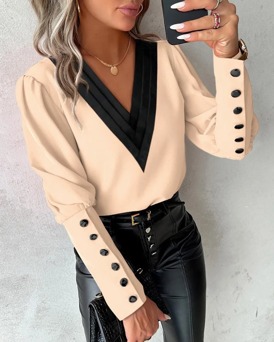 Vera Blusa de oficina para mujer con cuello en V y botones, elegante y cómoda, en color ca.