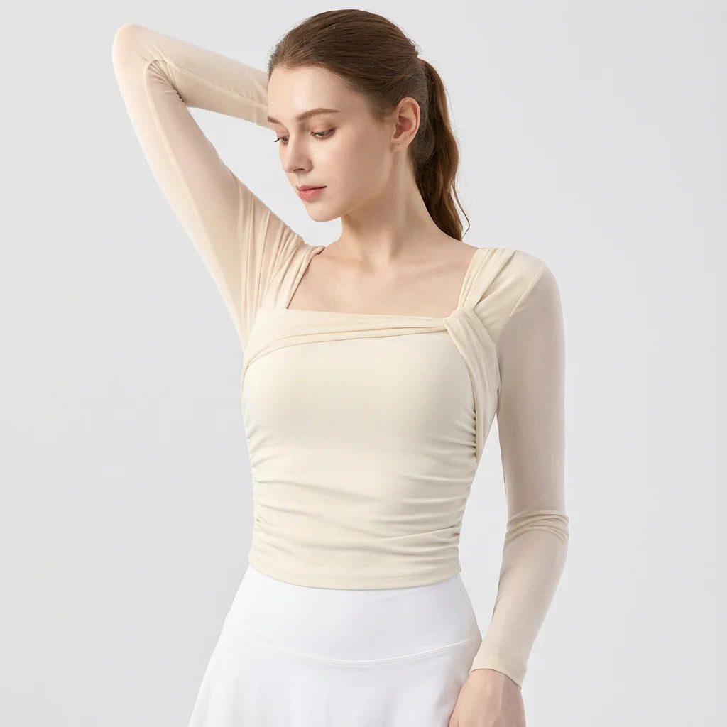 Camisa de Yoga de manga larga acolchada para mujer, Top corto, camisa de gimnasio de malla Sexy, camiseta de entrenamiento para correr, deportes de Fitness, ropa de Pilates