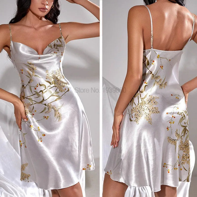 Silky satin women's chemise with kimono-style robe, featuring elegant design and soft fabric for comfortable sleepwear.