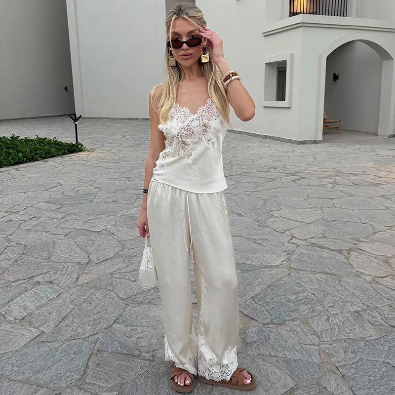Conjunto Satén Encaje Mujer Chin.Sweety V-Neck Elegante Verano