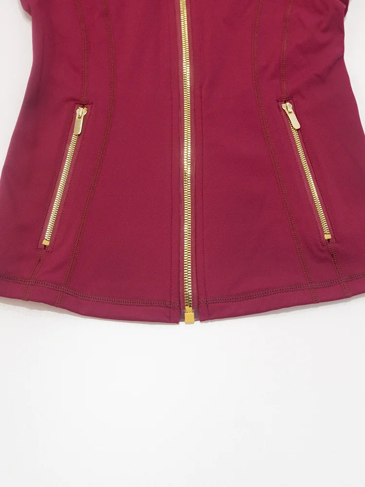 Chaqueta de yoga para mujer con cremallera dorada, chaqueta deportiva con cuello alto, top adelgazante para fitness
