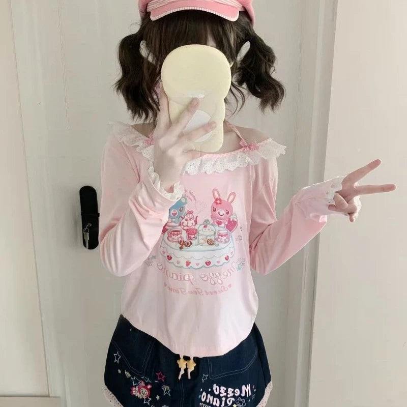 Camiseta Estética Kawaii Japonesa Y2k - Algodón/Poliéster Holgada