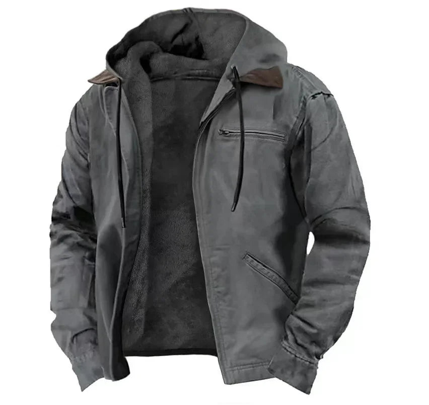 Chaqueta Invierno Hombre Lana Capucha Bolsillo Cremallera Cálida
