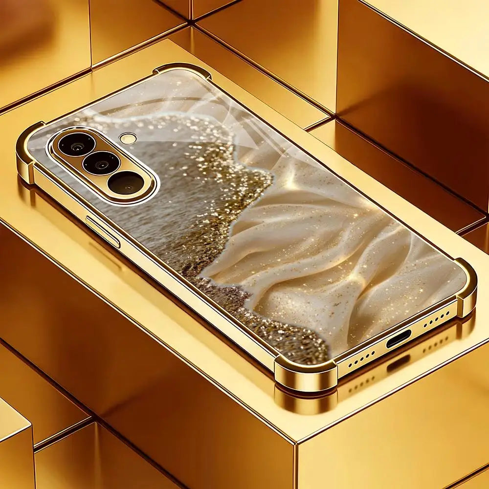 Galvanized glass phone case from the Gold series by Corporación Turística, featuring a sleek and reflective design.