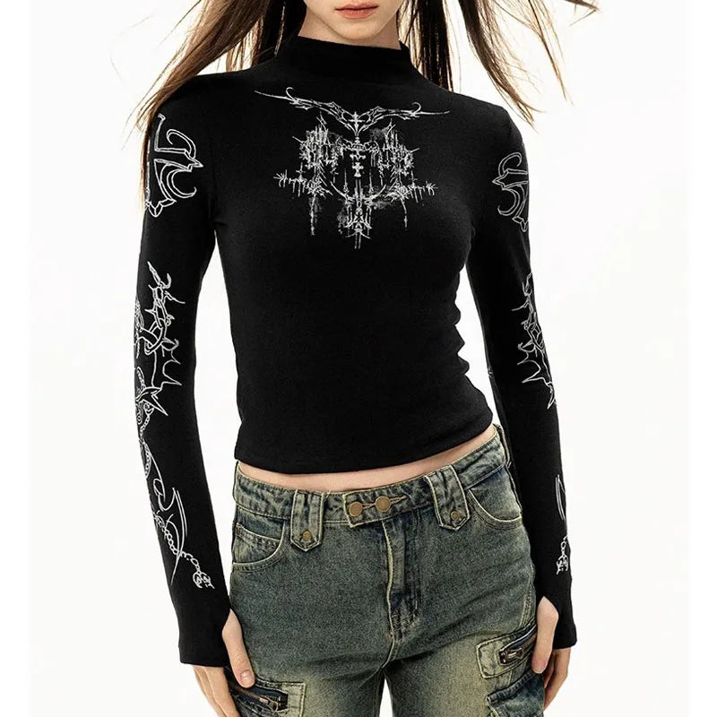 Camiseta Grunge Y2K Mujer Cuello Alto Gráfica - Estilo Emo Punk