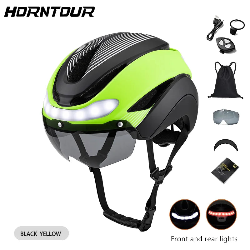 Horntour-casco de Bicicleta con luces LED, casco de Bicicleta de carretera de carreras para hombres y mujeres, deportes al aire libre, gorra de seguridad para Ciclismo profesional ﻿