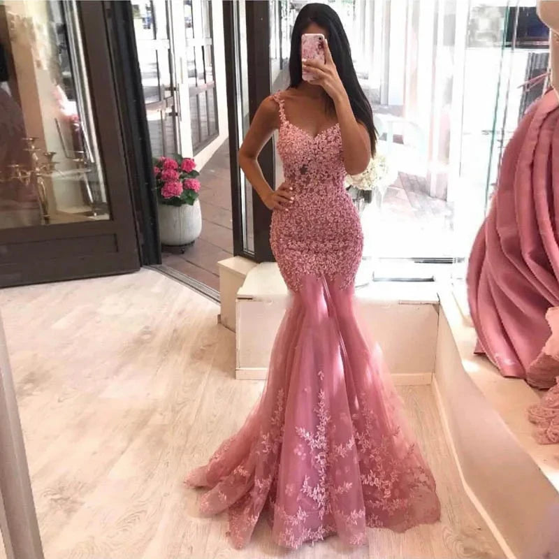 Vestidos de Noche Sirena Encaje Perlas Largos Graduación Fiesta