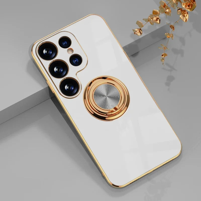 Samsung A56/A36 phone case with ring support, gold-plated, featuring a sleek protective design and adjustable ring stand.