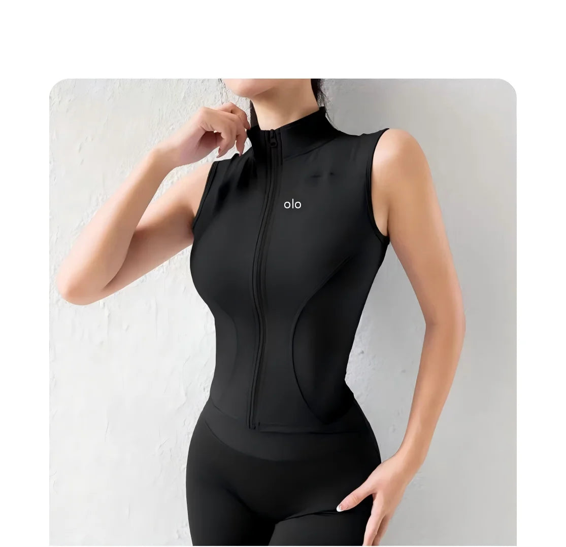 Top de Yoga sin Mangas con Cierre para Mujer, con Cuello Transpirable para Fitness y Deportes, Chaqueta Estilo Camiseta de Secado Rápido
