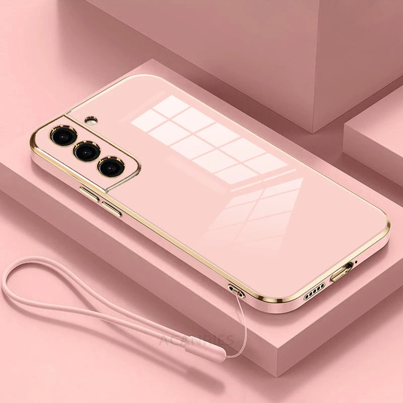 Silicone phone case with cord, luxurious gold plating for Samsung Galaxy S24 Ultra, protective and stylish in black with gold accents.