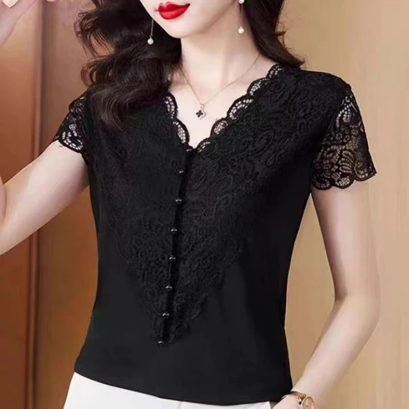 Camiseta V-Neck Encaje Gefevoqe Verano Elegante Mujer