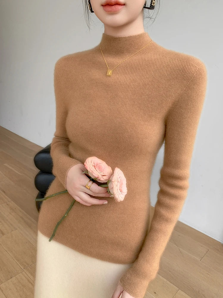 Suéter de Cachemira Mujer Cuello Mock Otoño Invierno - Addonee Cálido y Suave
