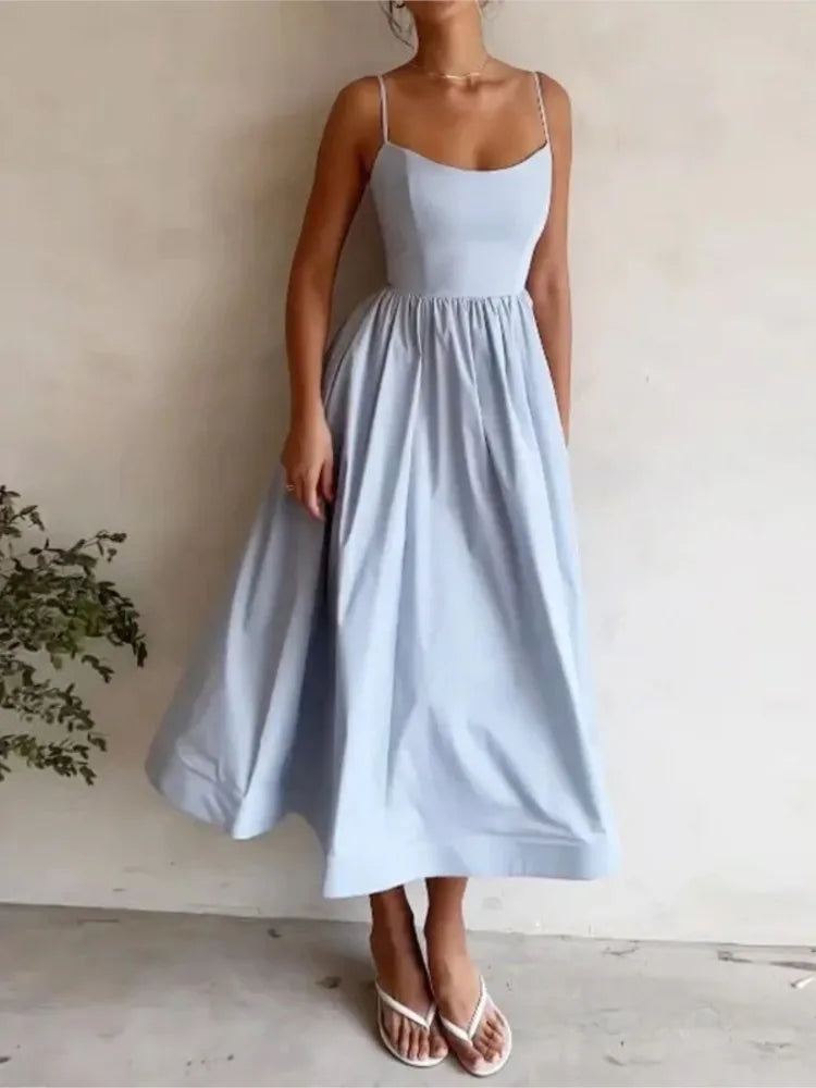 Vestido Midi Rosa Vacaciones Mujer 2026 Elegante Tirantes Finos Línea A
