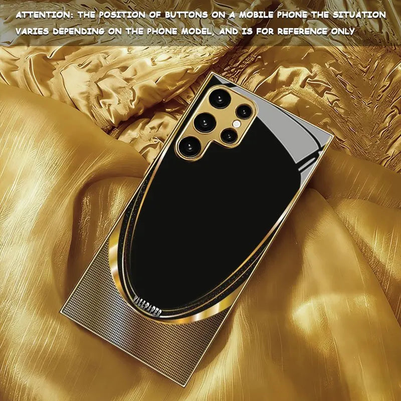 Black phone case with gold border and stylish pattern, designed for smartphones, by Corporación Turística.