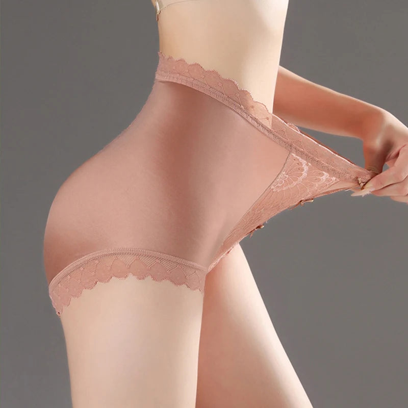 High-waisted lace women's panties with elastic waistband, soft and comfortable undergarments with delicate lace detailing.