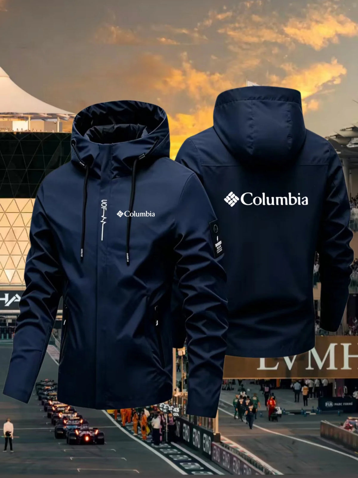 Men's lightweight waterproof jacket with hood, designed for outdoor wear, from Corporación Turística.