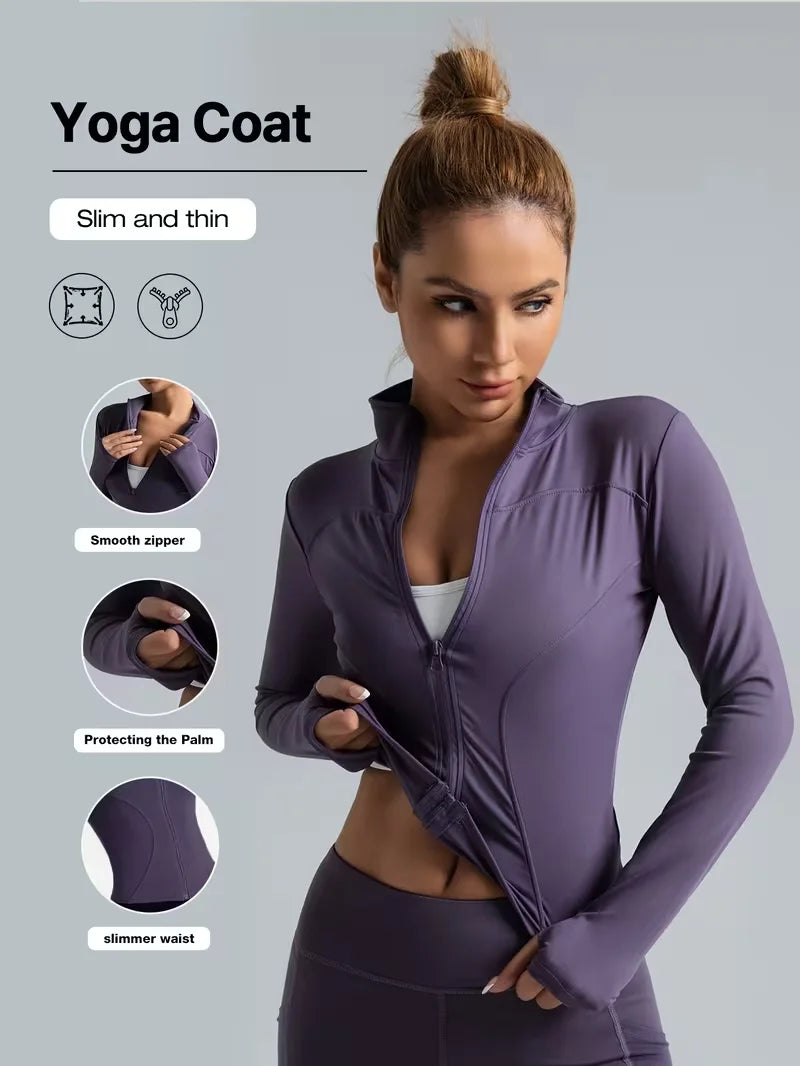 Chaqueta deportiva de cuello alto para mujer, ajustada, con cremallera, para yoga, de secado rápido, cintura delgada, para correr y hacer ejercicio, para primavera.