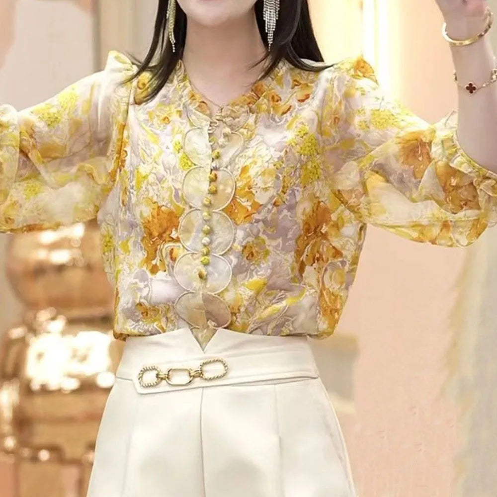 Blusa Floral Manga 3/4 Mujer: Estilo Juvenil y Fresco