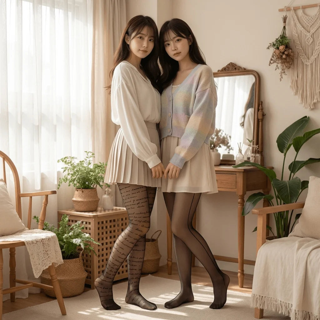 Two pairs of ultrafine black silk elastic pantyhose by Corporación Turística, showing smooth, sheer fabric and flexible fit.