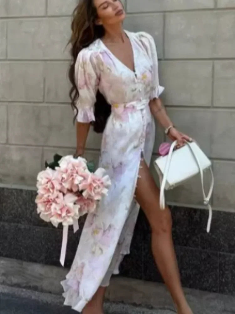Vestido Largo Floral Volantes Cuello V Elegante Casual Verano Dama