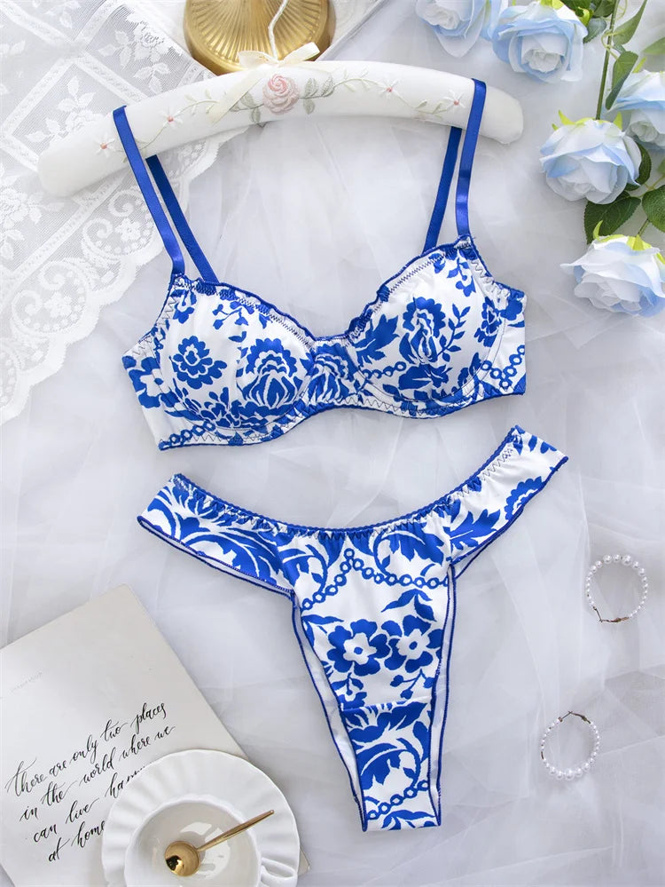 Blue floral print women's lingerie set featuring a bra and matching panties from Corporación Turística.